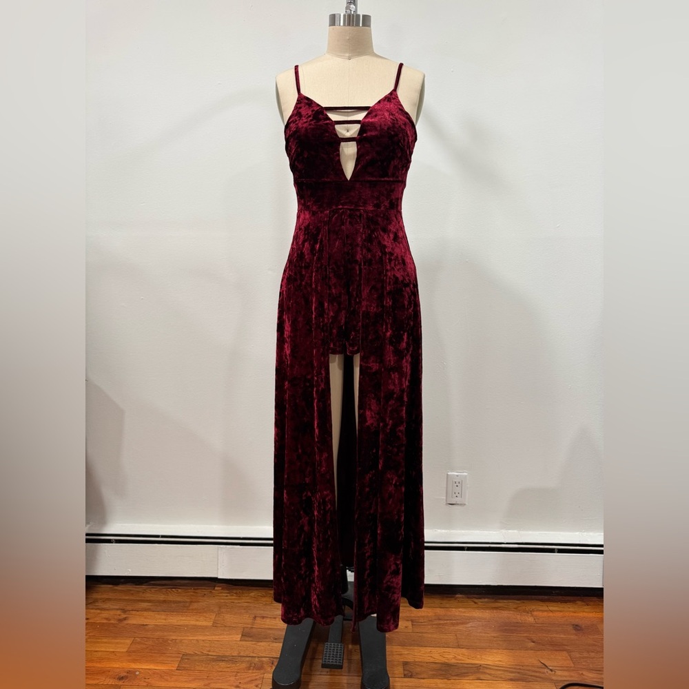 Red Velour Material Girl Romper with overskirt